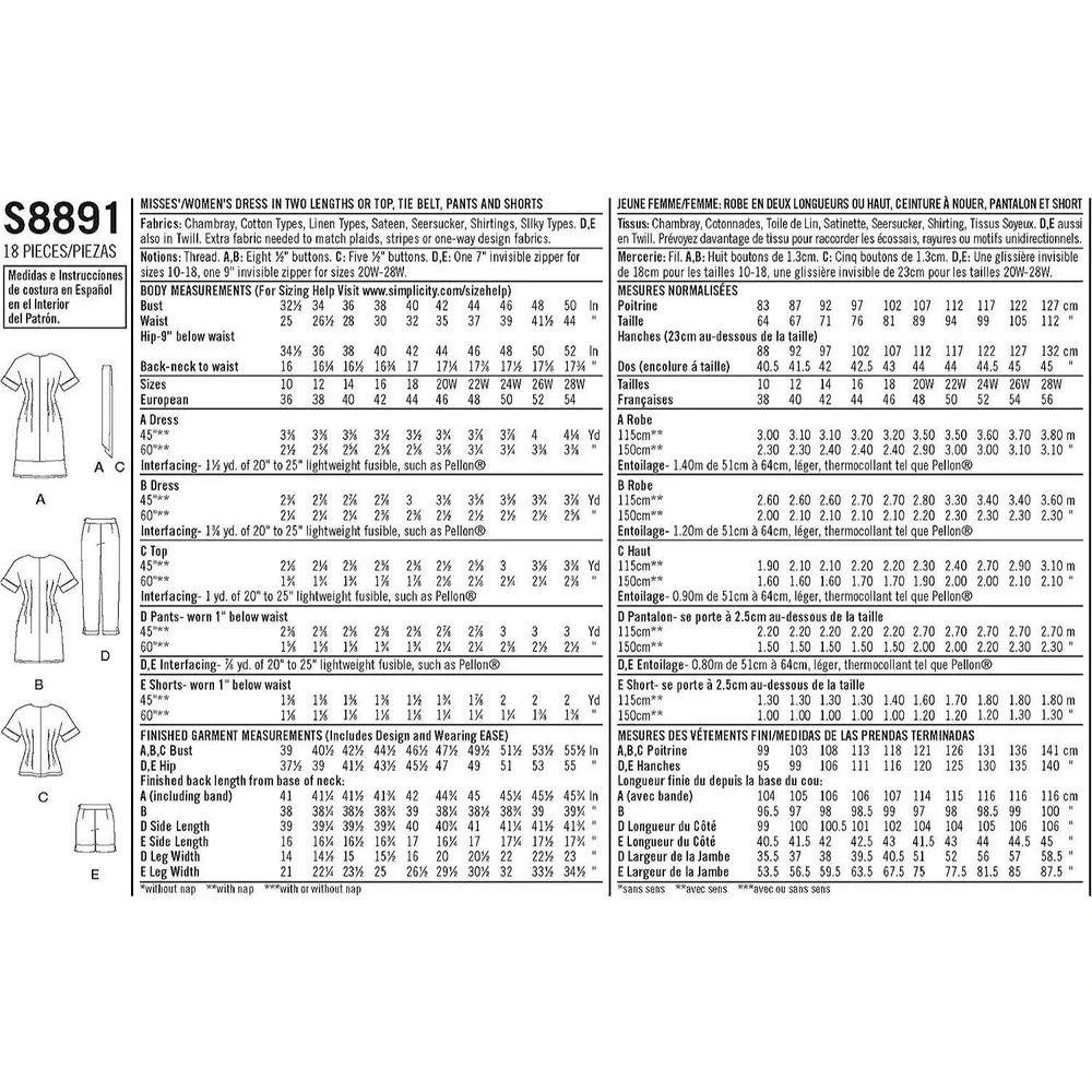 Simplicity Sewing Pattern 8891 10144 Dress Pants Shorts Top‎ Size 10-18